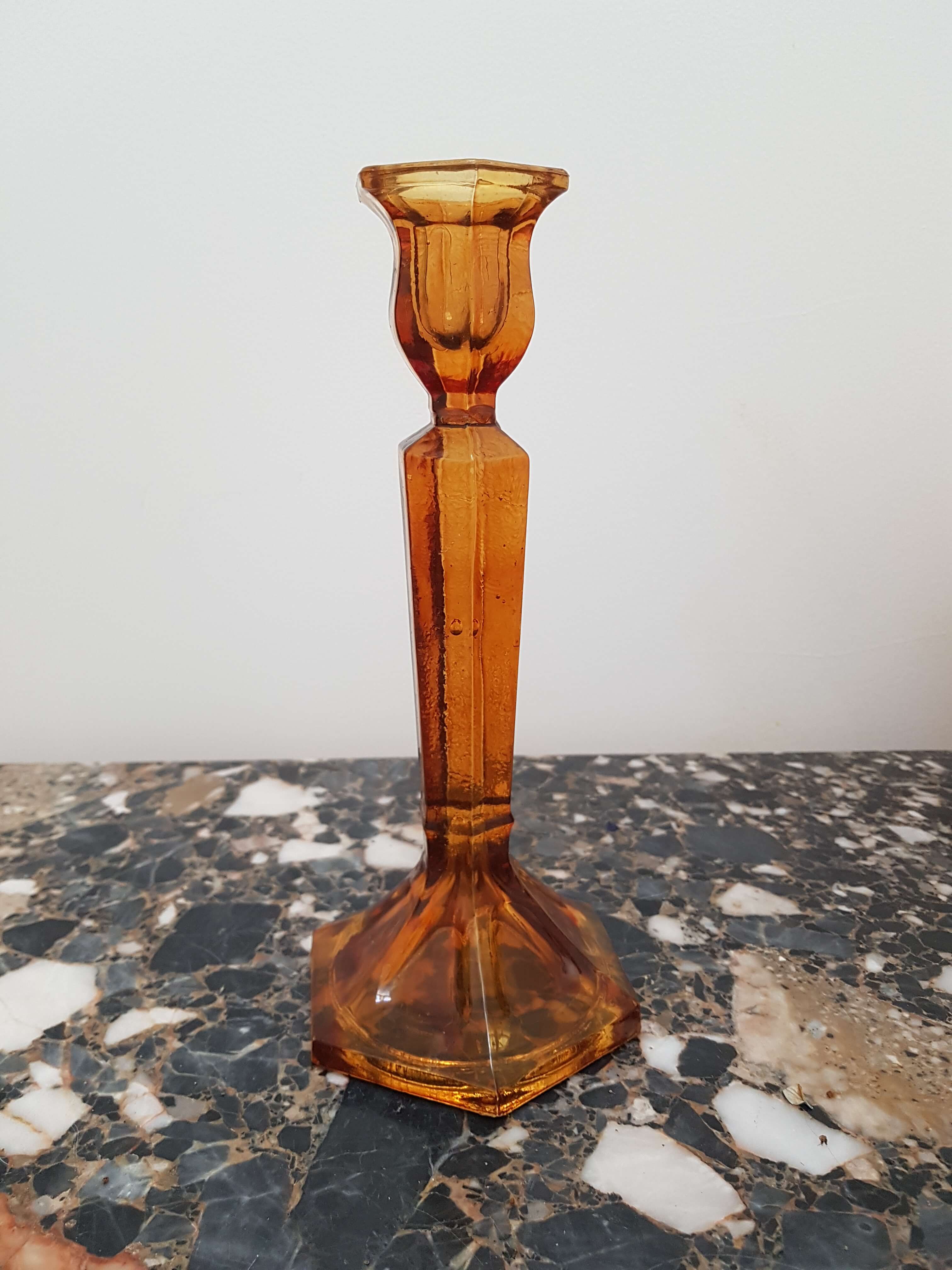 Candle holder yellow amber art deco glass