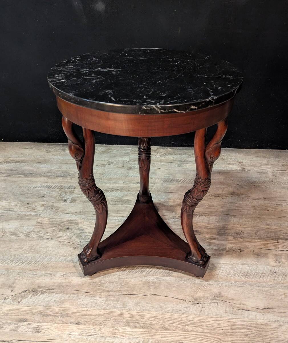 Empire style mahogany tripod pedestal table with swan neck legs