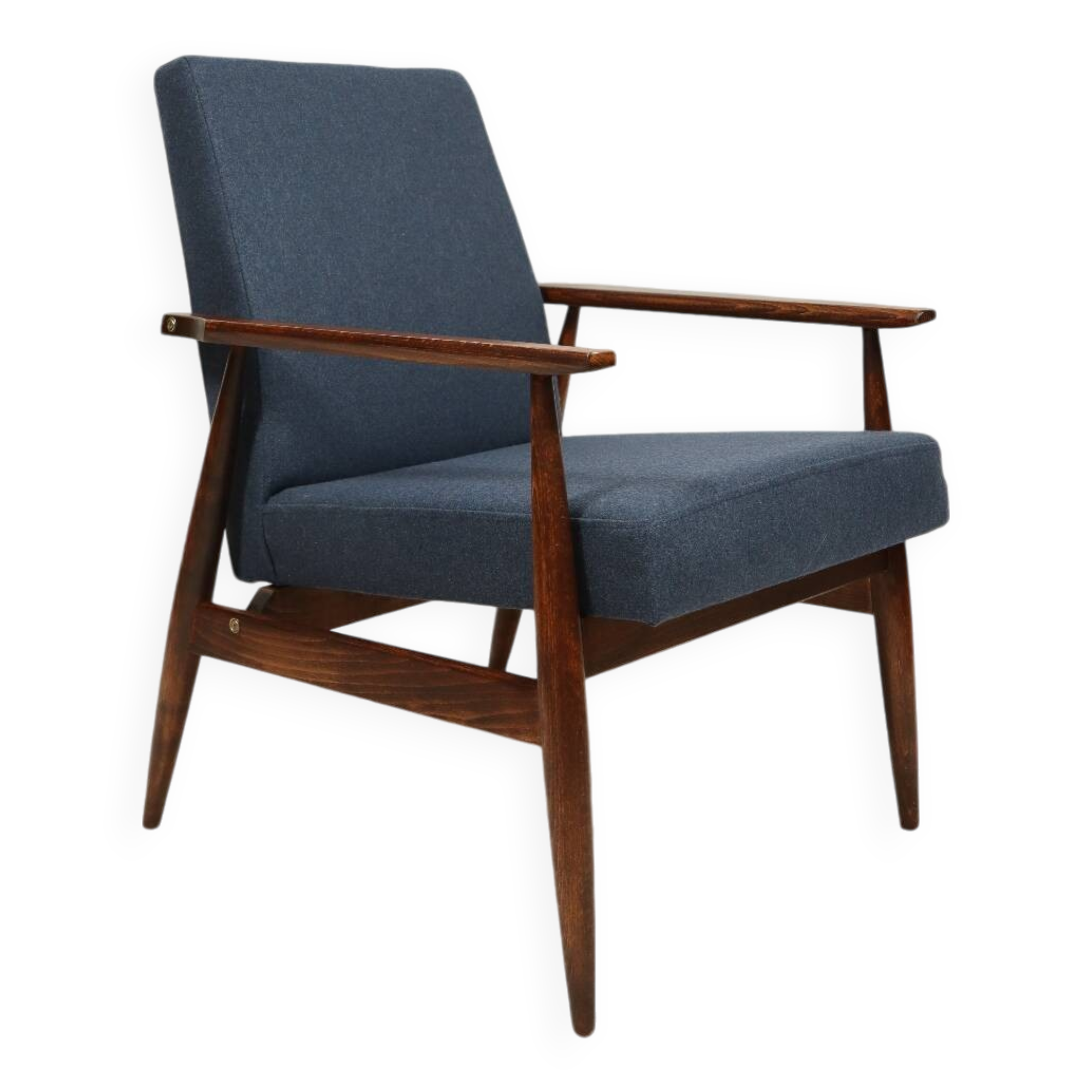 Scandinavian armchair navy blue natural wool dark brown wood design by H.Lis