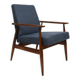 Scandinavian armchair navy blue natural wool dark brown wood design by H.Lis