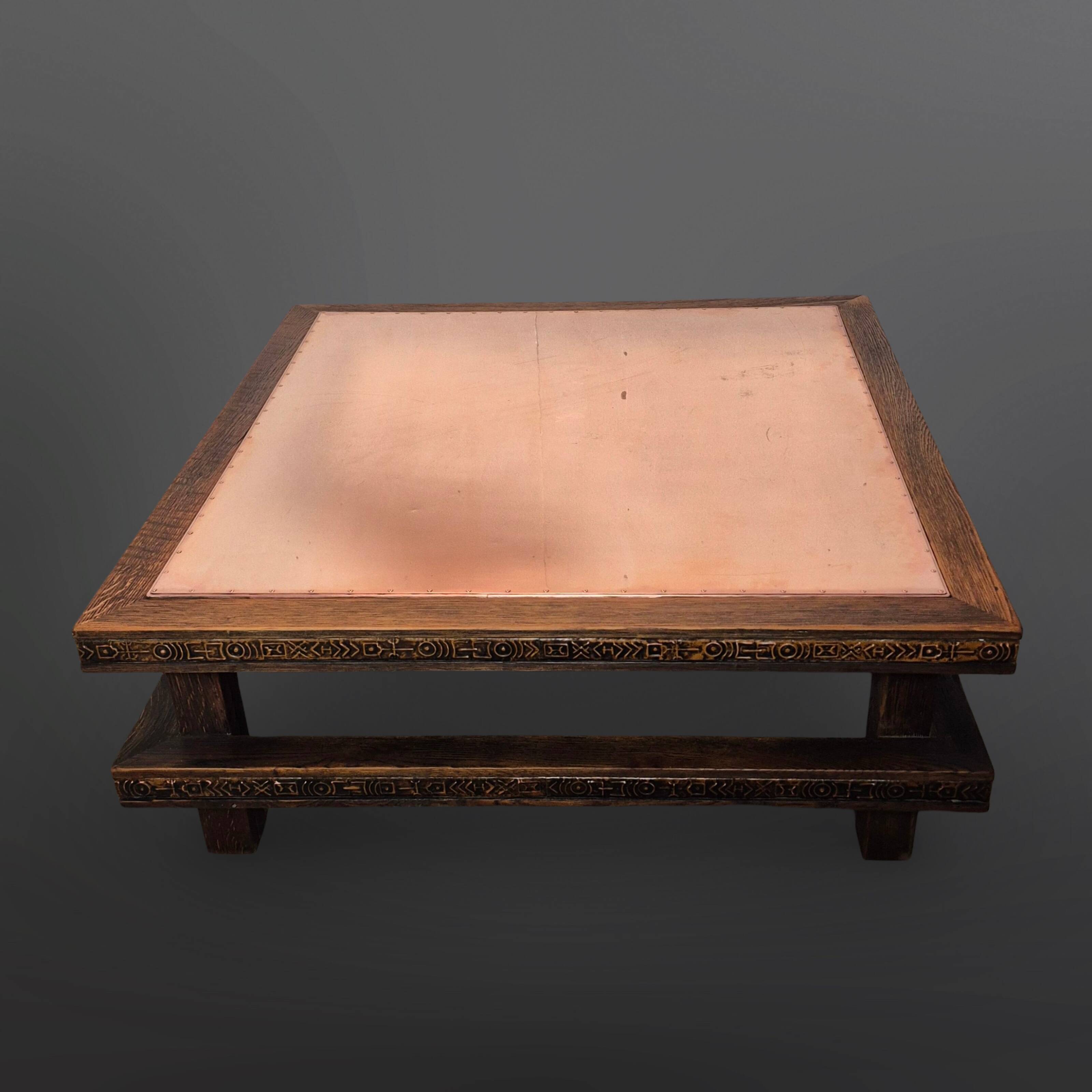 Brutalist oak square coffee table with copper top, Netherlands 1950s