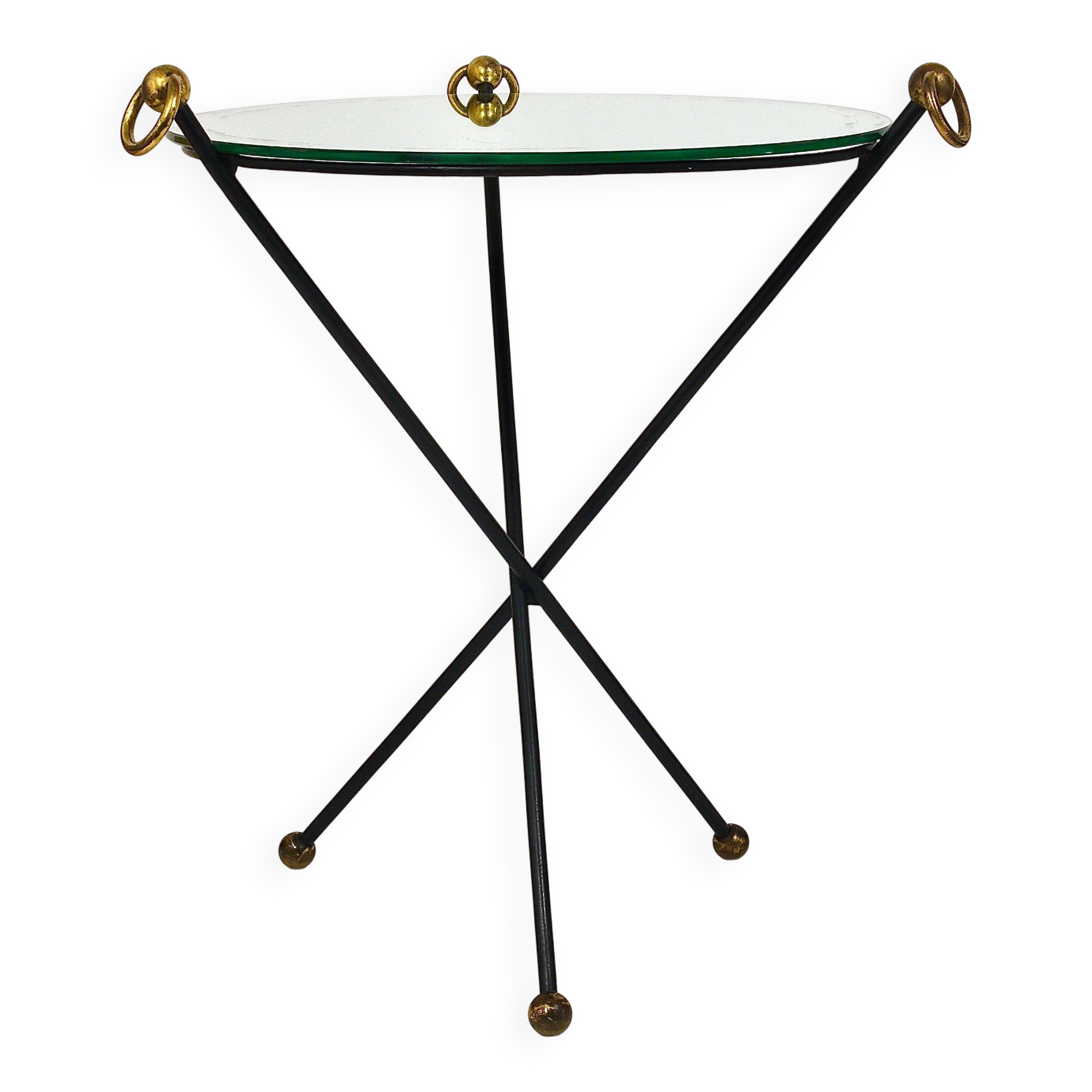 French mid-century mirror side table, Jacques Adnet style, brass, 1950s.