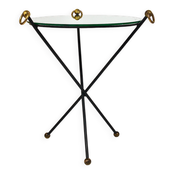 Table d'appoint miroir française milieu du siècle, style Jacques Adnet, laiton, années 1950