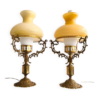 Set of French opaline glass and bronze Art Nouveau style lamps.