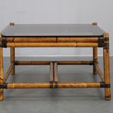 Vintage bamboo coffee table with smoked glass top