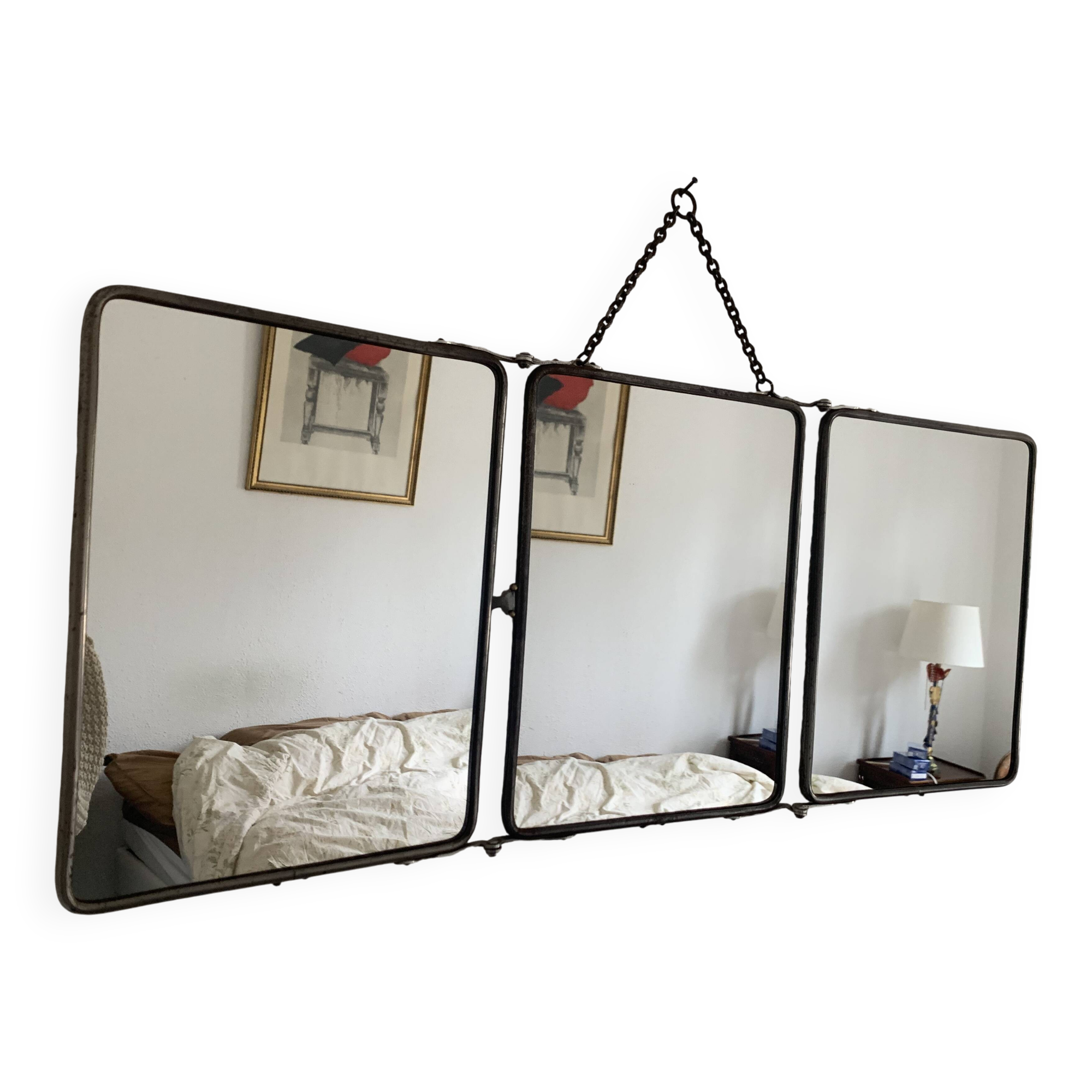 Miroir vintage 1950 triptyque barbier simili lézard noir coiffeur - 27 x 67
