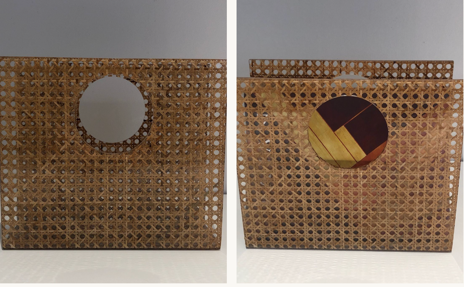 Acrylic magazine rack with inlaid cane.