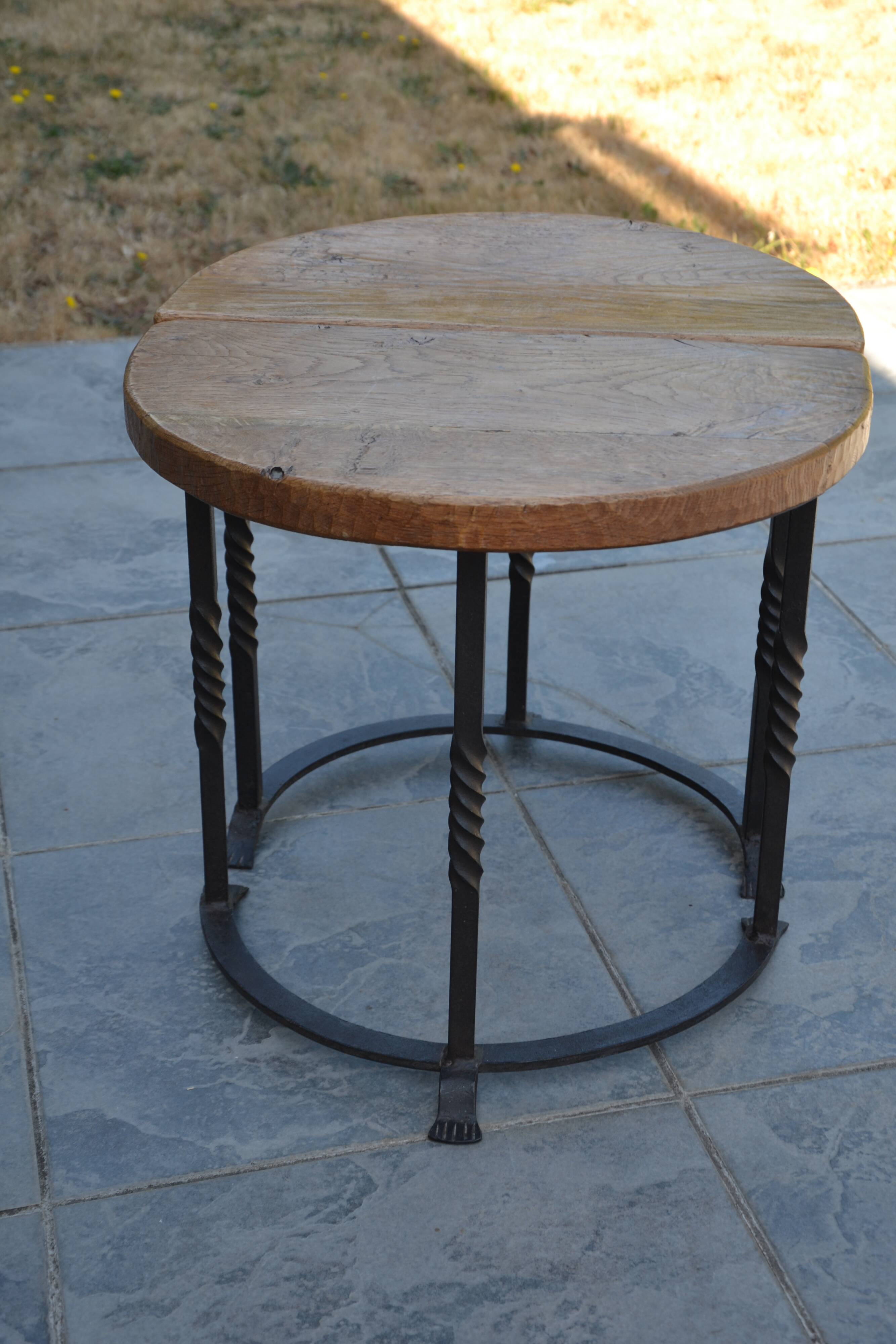 Unusual modular coffee table in oak and wrought iron.