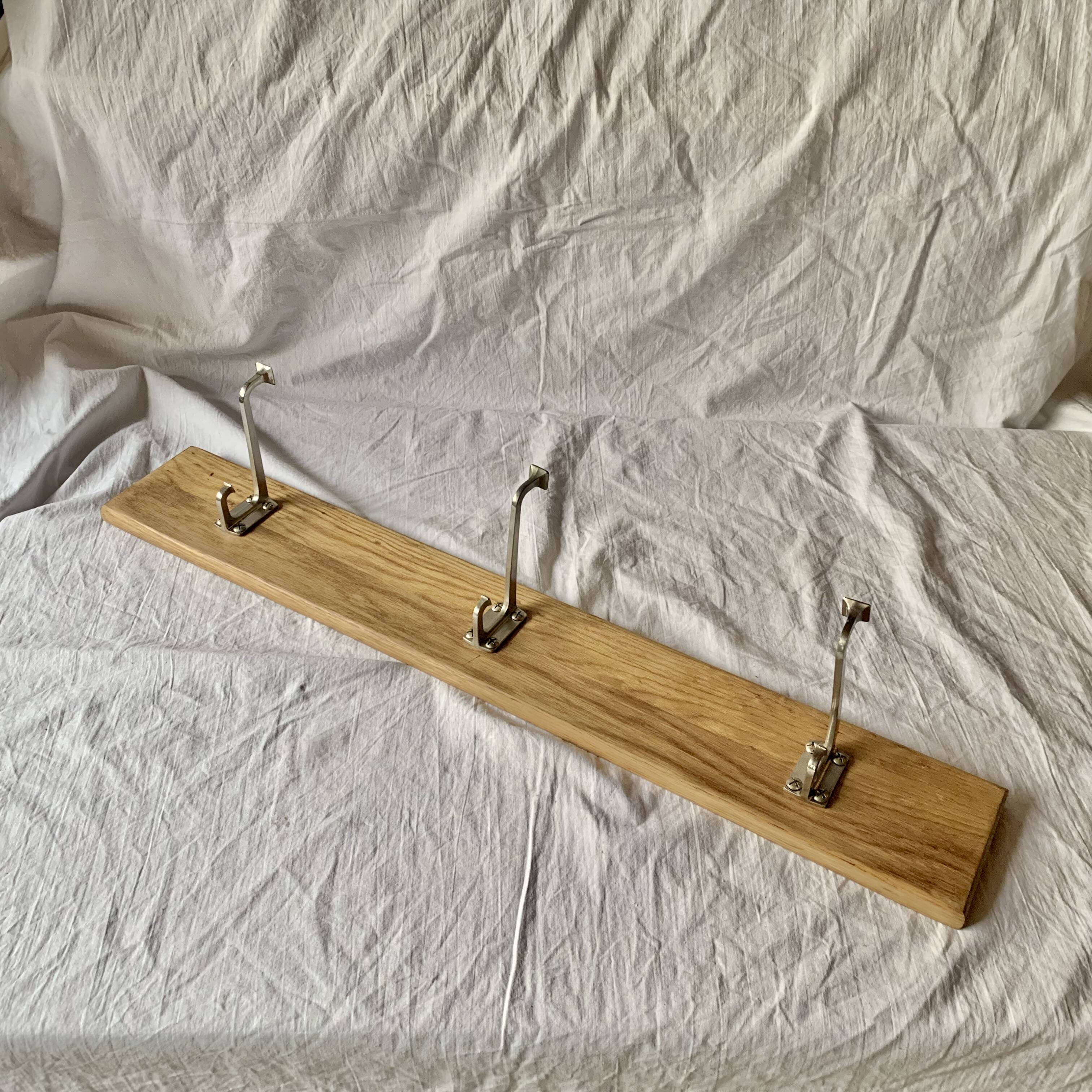 Vintage wooden wall coat rack - 3 chrome metal hooks