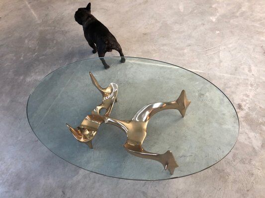 Bronze and glass coffee table with female sculpture by Victor Roman