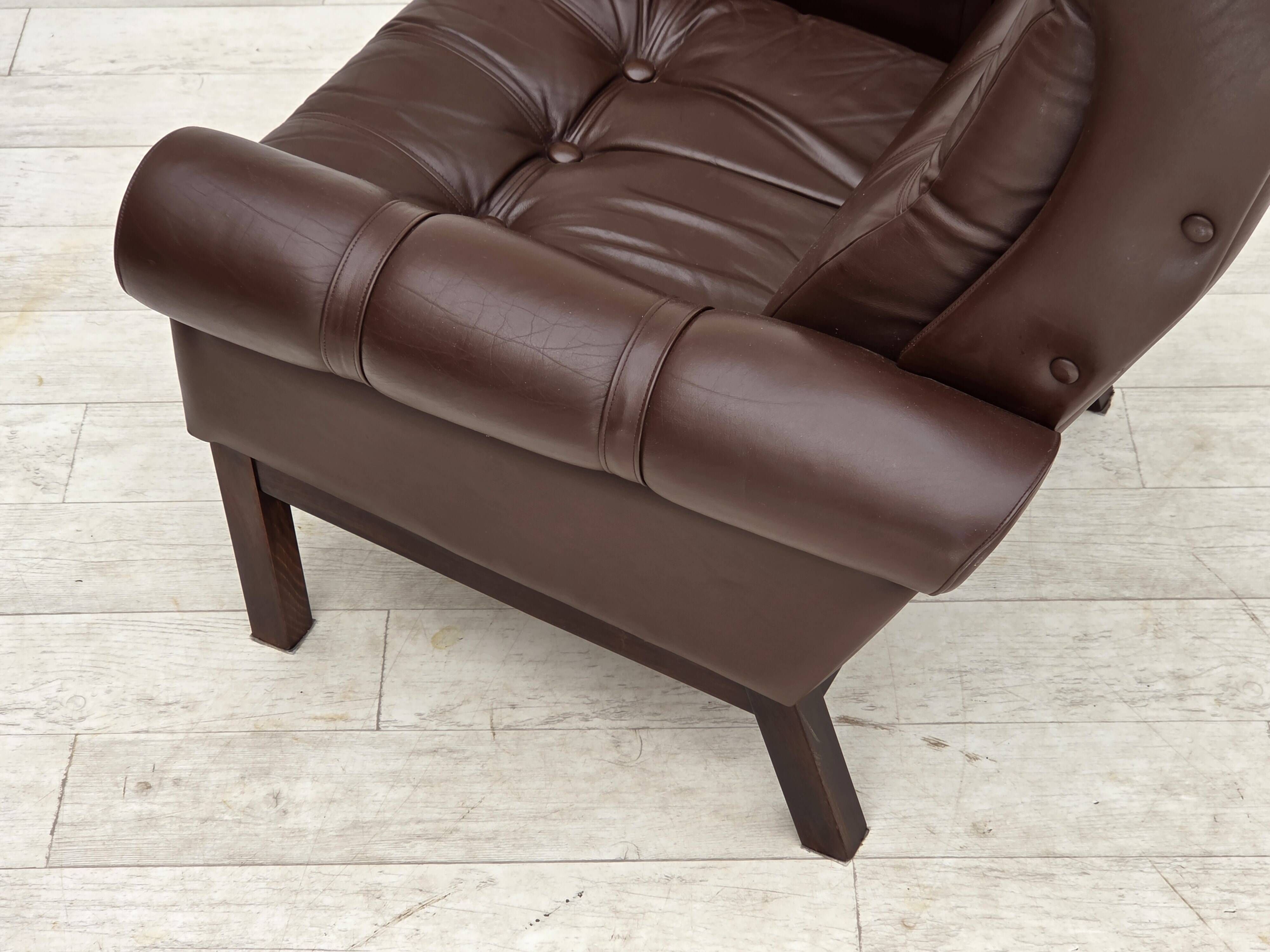 1970s, Danish armchair, original brown furniture leather.