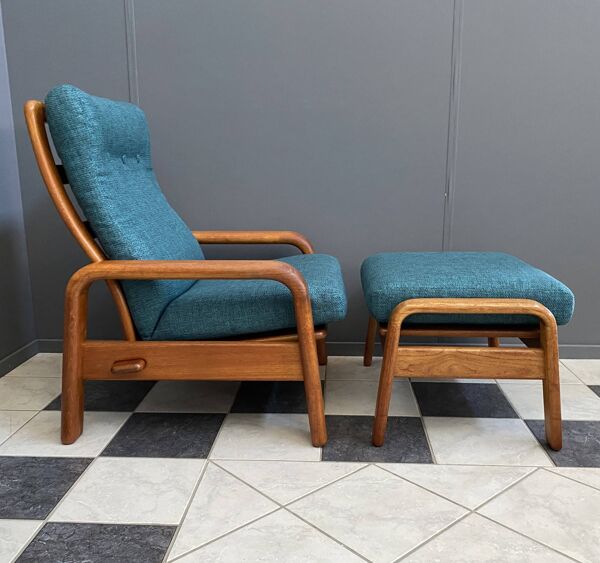 Chaise haute en teck danois et repose-pieds par HS Denmark années 1970