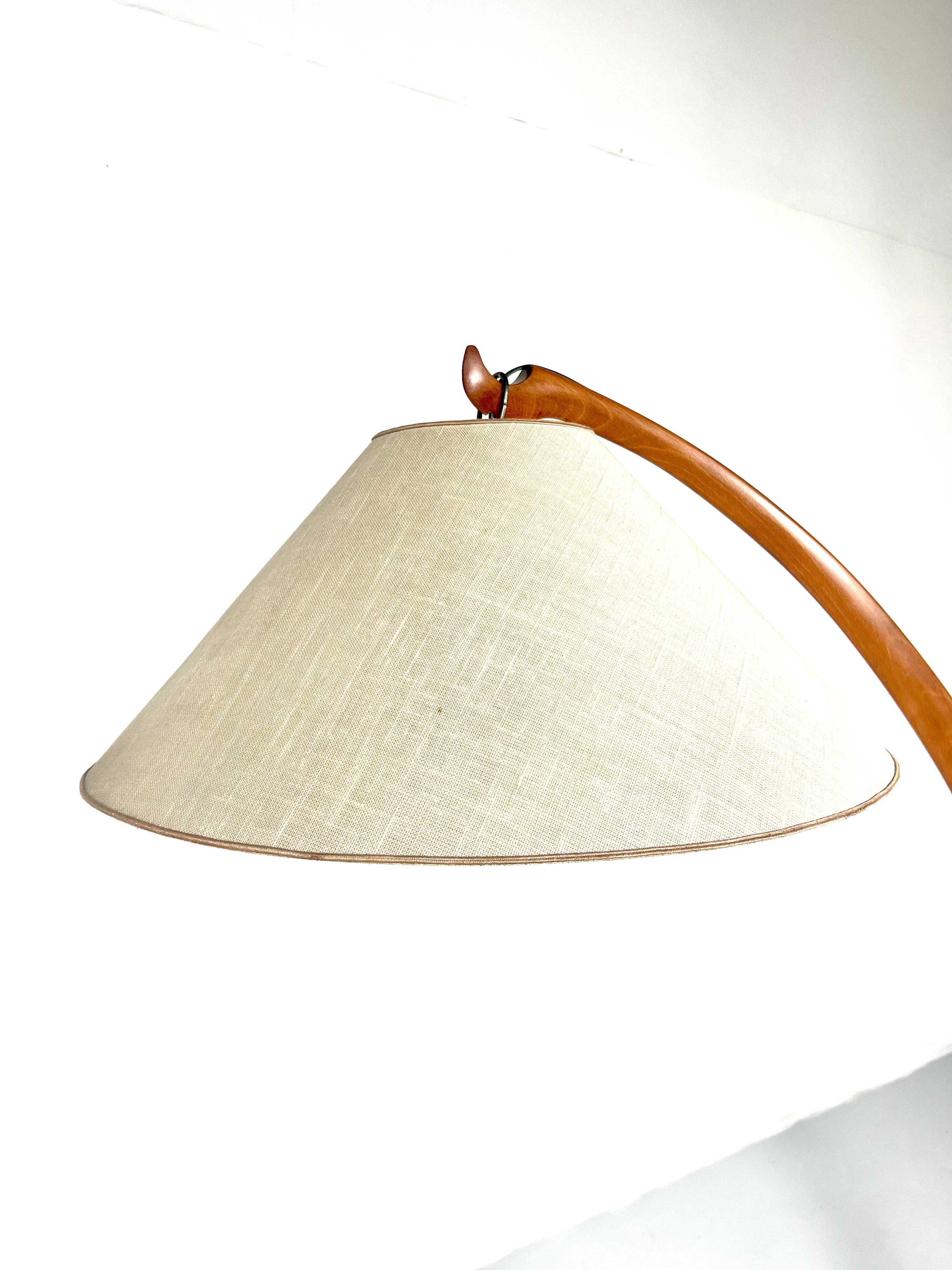 Mid-Century Arc Floor Fabric Lamp, Wood, Italy, 1950s