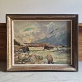 Georges Lemmers, oil on canvas, the bridge in the mountains
