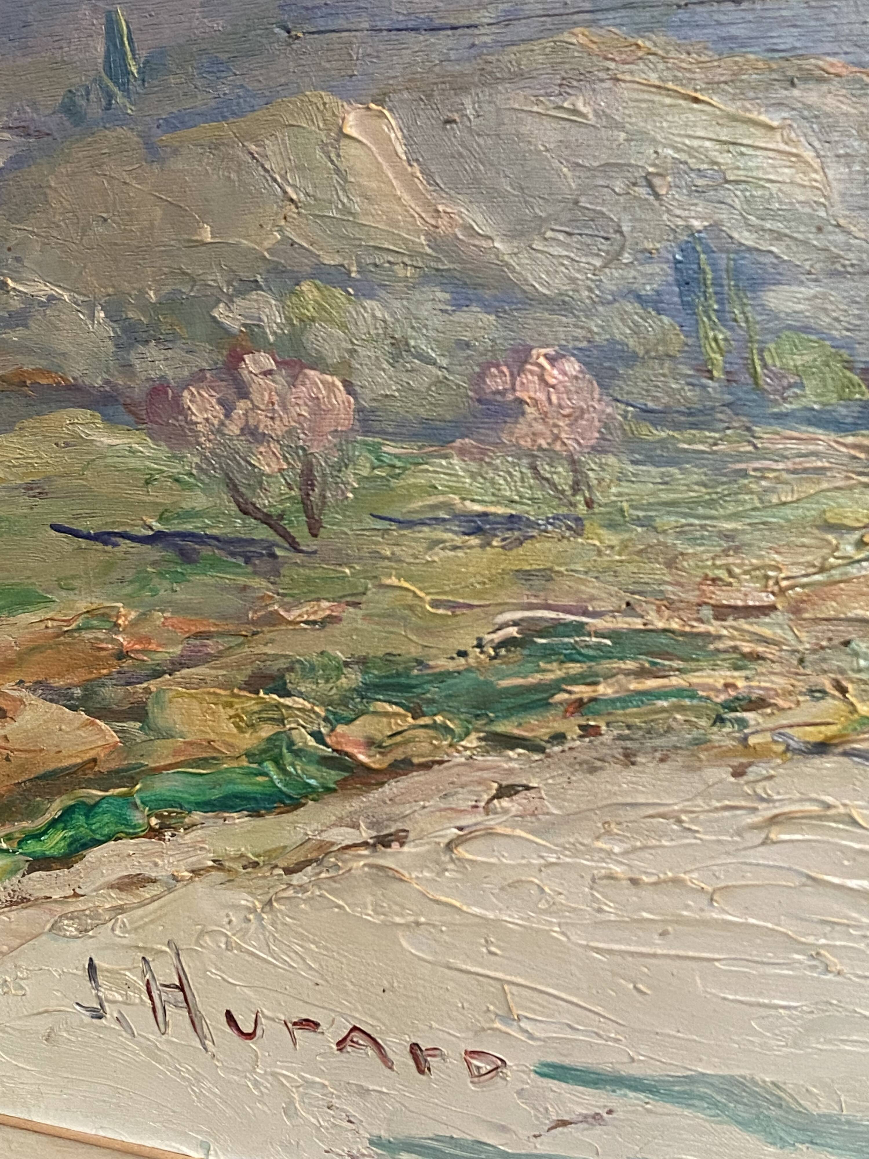 Landscape painting view from the village of Les Angles, Gard, Avignon, Hurard 1887-1956