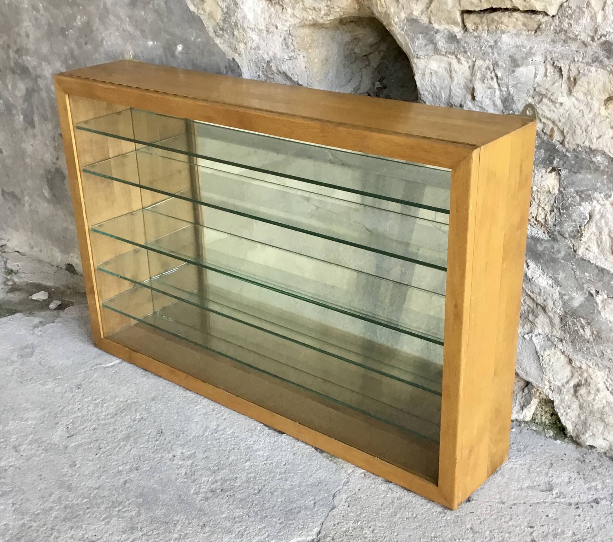Large pharmacy wall display case in light oak - vintage 1960