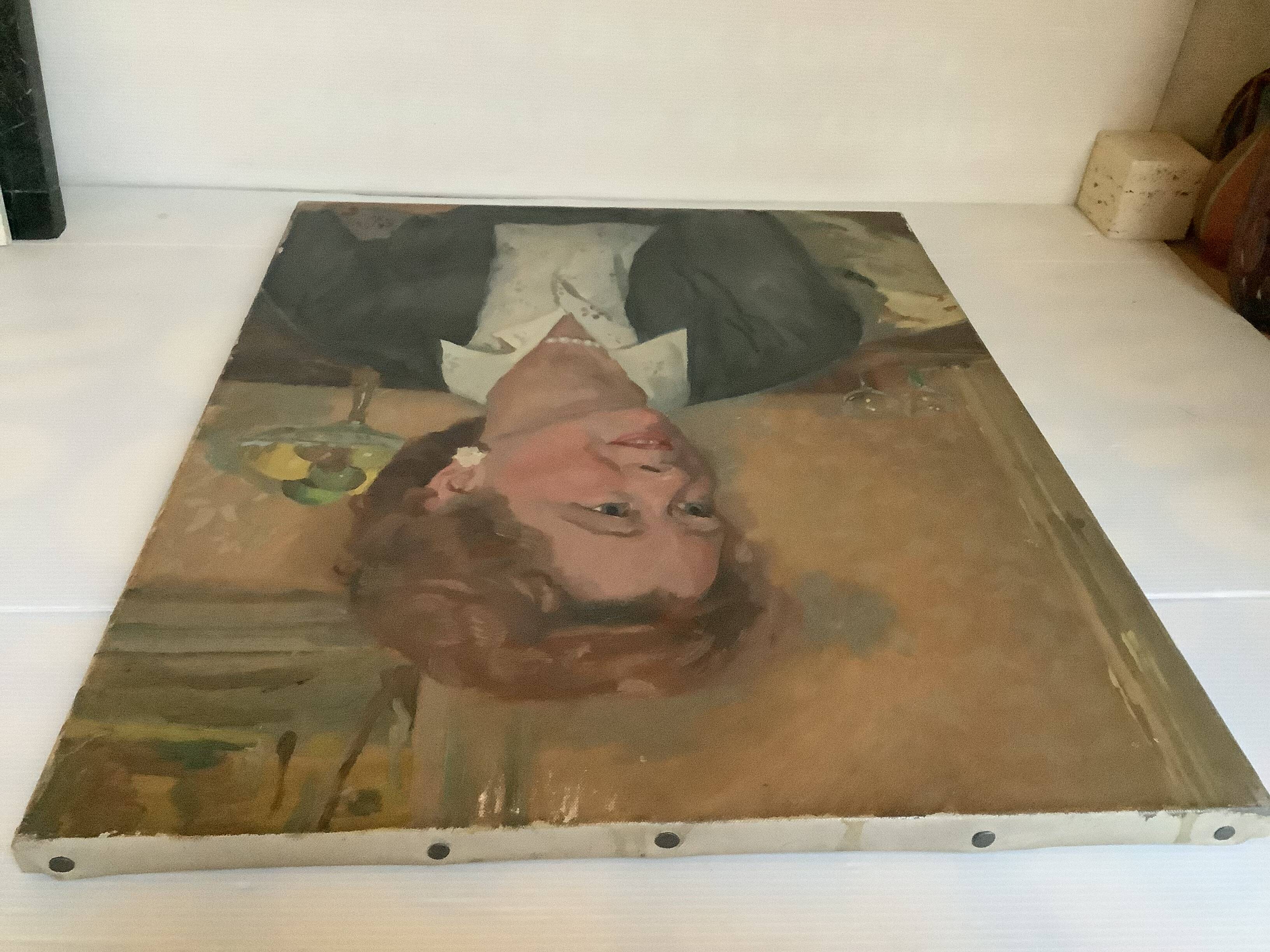 Large portrait painting of a woman, oil on canvas, signed.