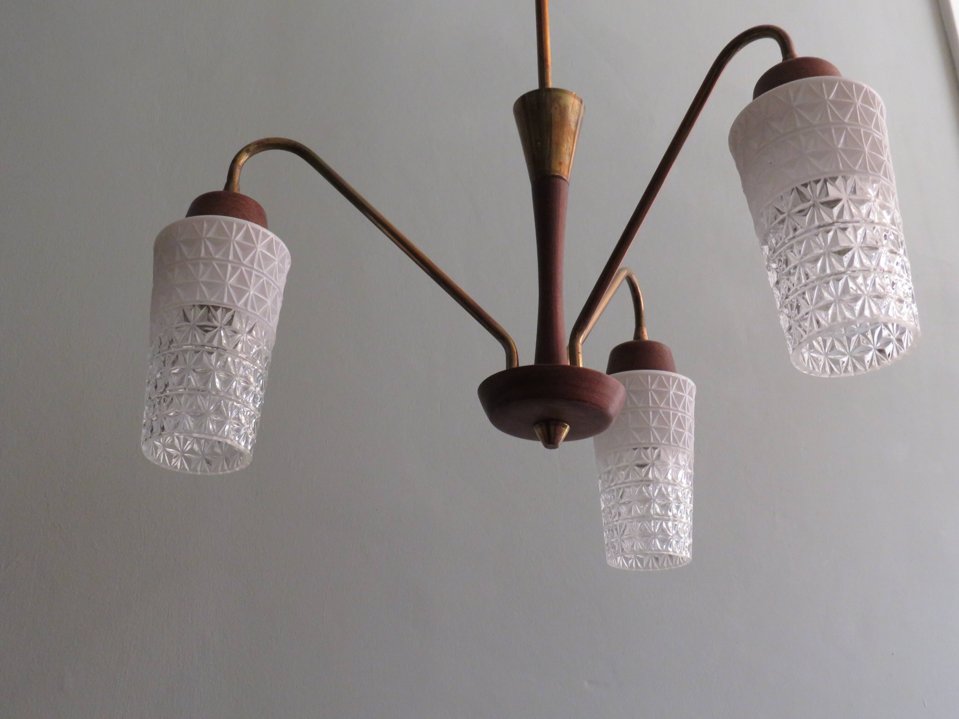 Scandinavian 3-arm chandelier, teak, brass and 1960 glass