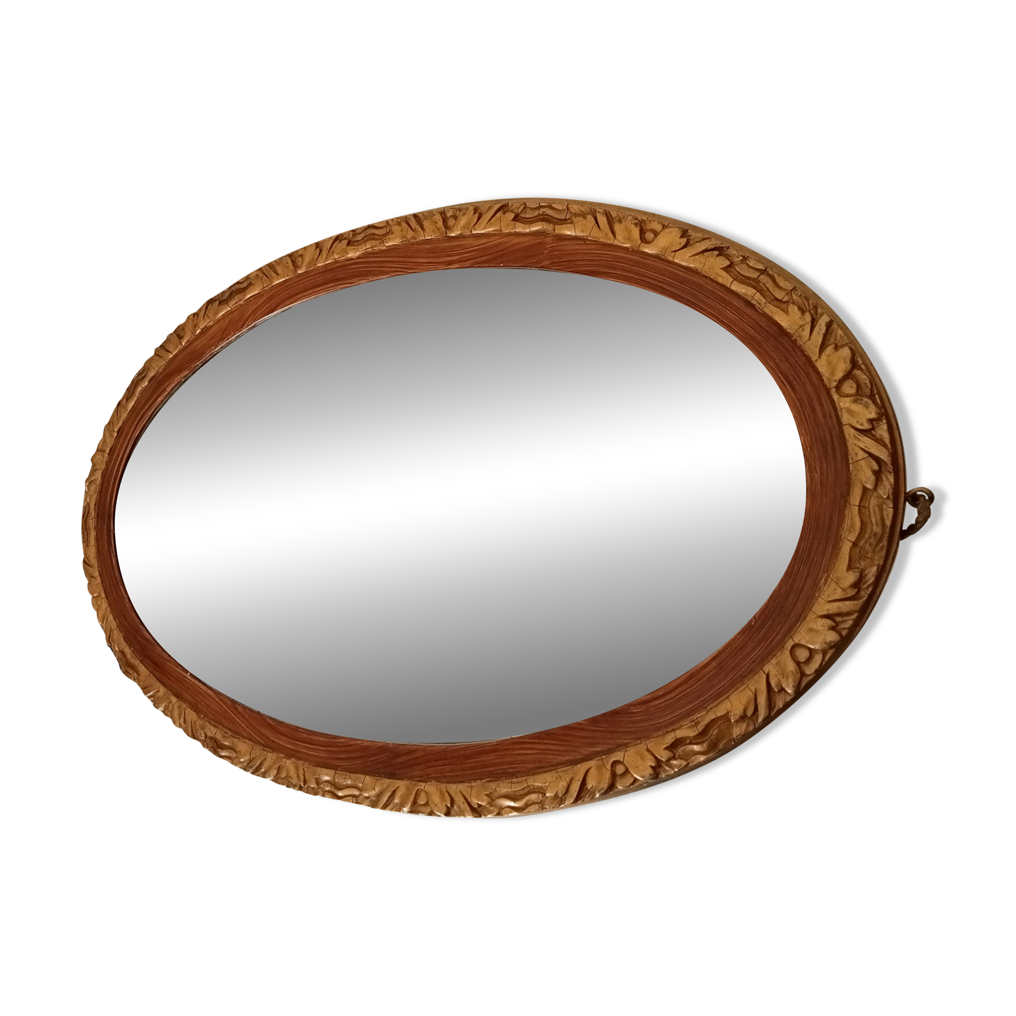 Antique oval mirror with beveled glass in wood and stucco, 19th century