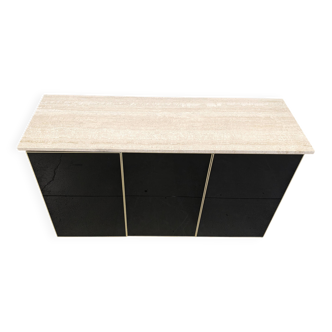 Crédence vintage en laque noire et travertin, années 1980