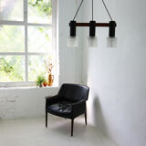 Hanging lamp from teak, steel, and glass