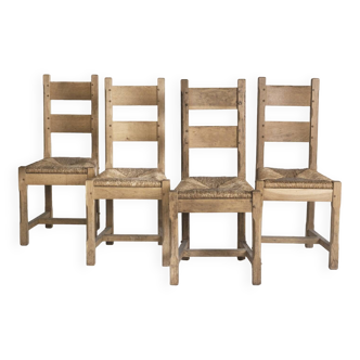 Chaises vintage en bois et osier des années 1970, set de 4
