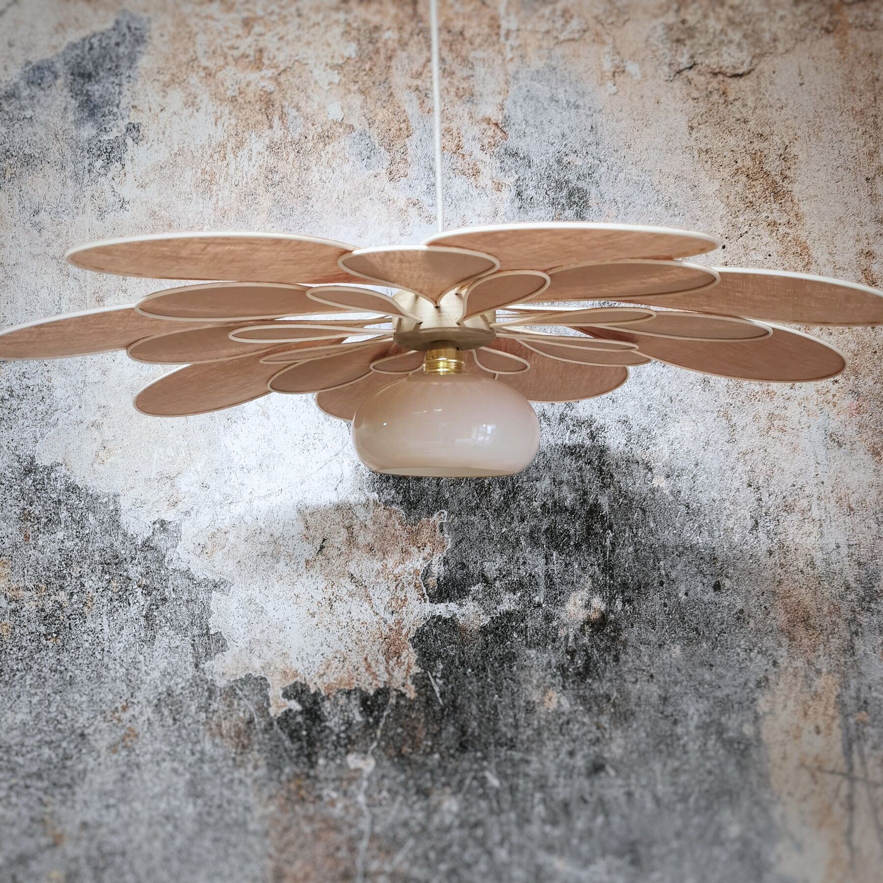 Old suspension vintage globe and petals in linen and rattan