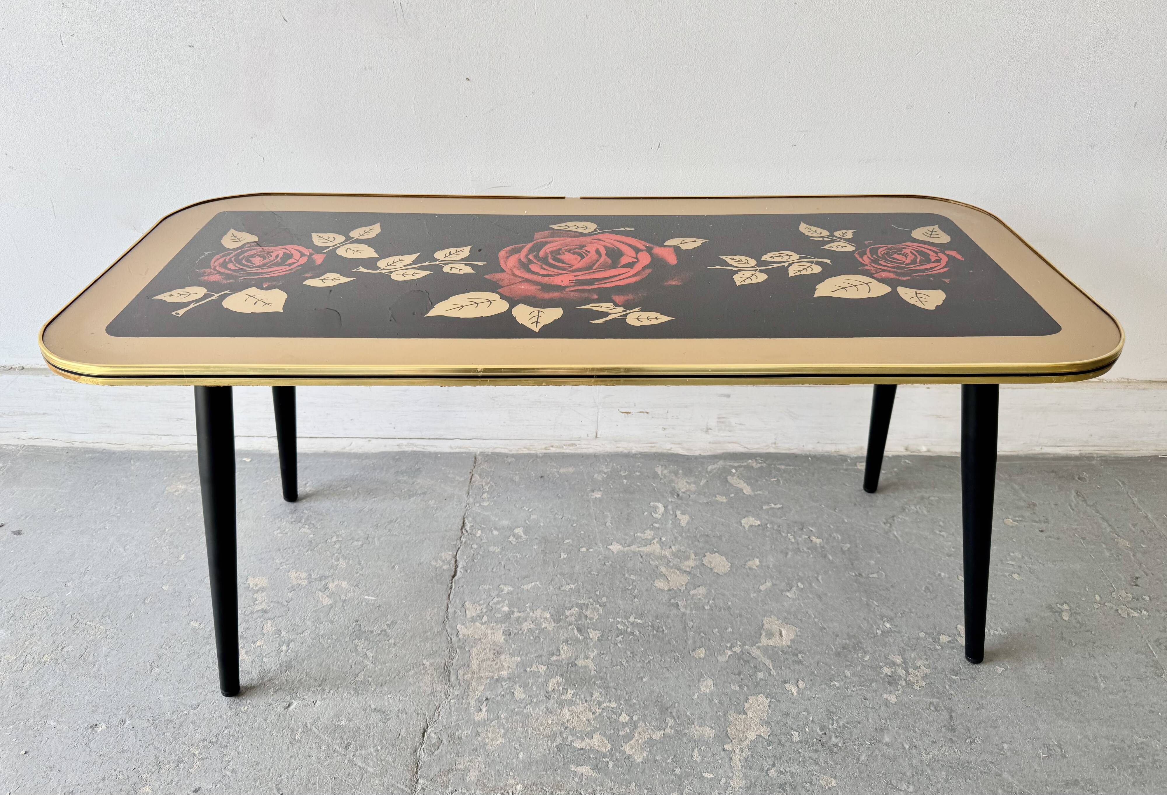 Vintage Coffee Table Floral Glass Top Tapered Legs