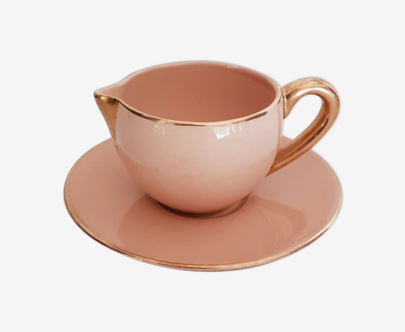Tasse verseuse en faïence rose et or vintage