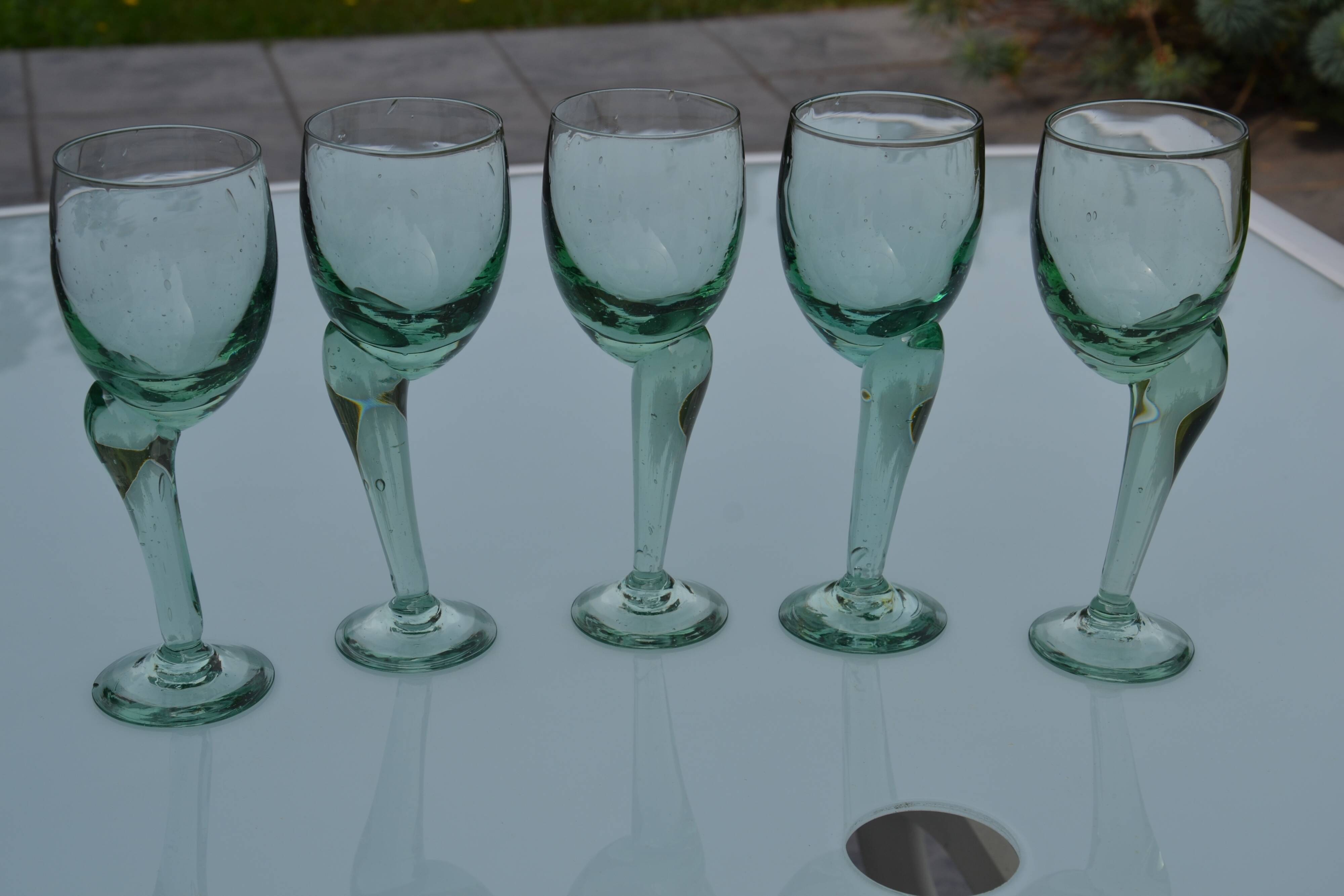 Hand-blown, bubbled stemmed glasses with offset feet