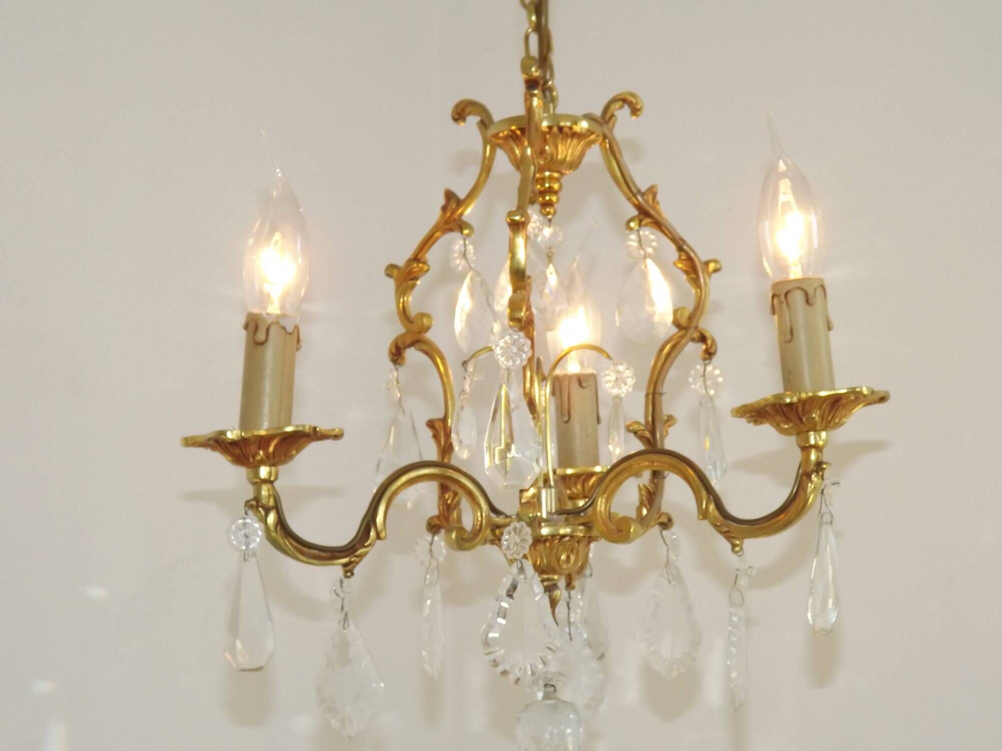 French Vintage Brass Mid Century 3 Light 3 Sided Crystal Cage Chandelier