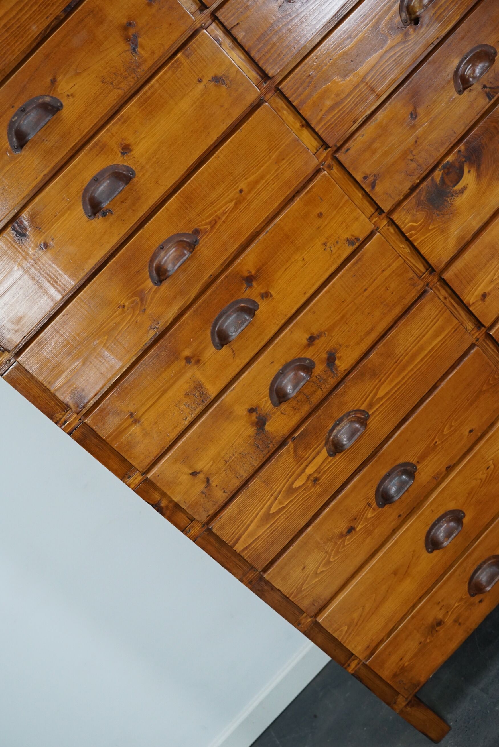 Dutch pine industrial apothecary cabinet, 1950s