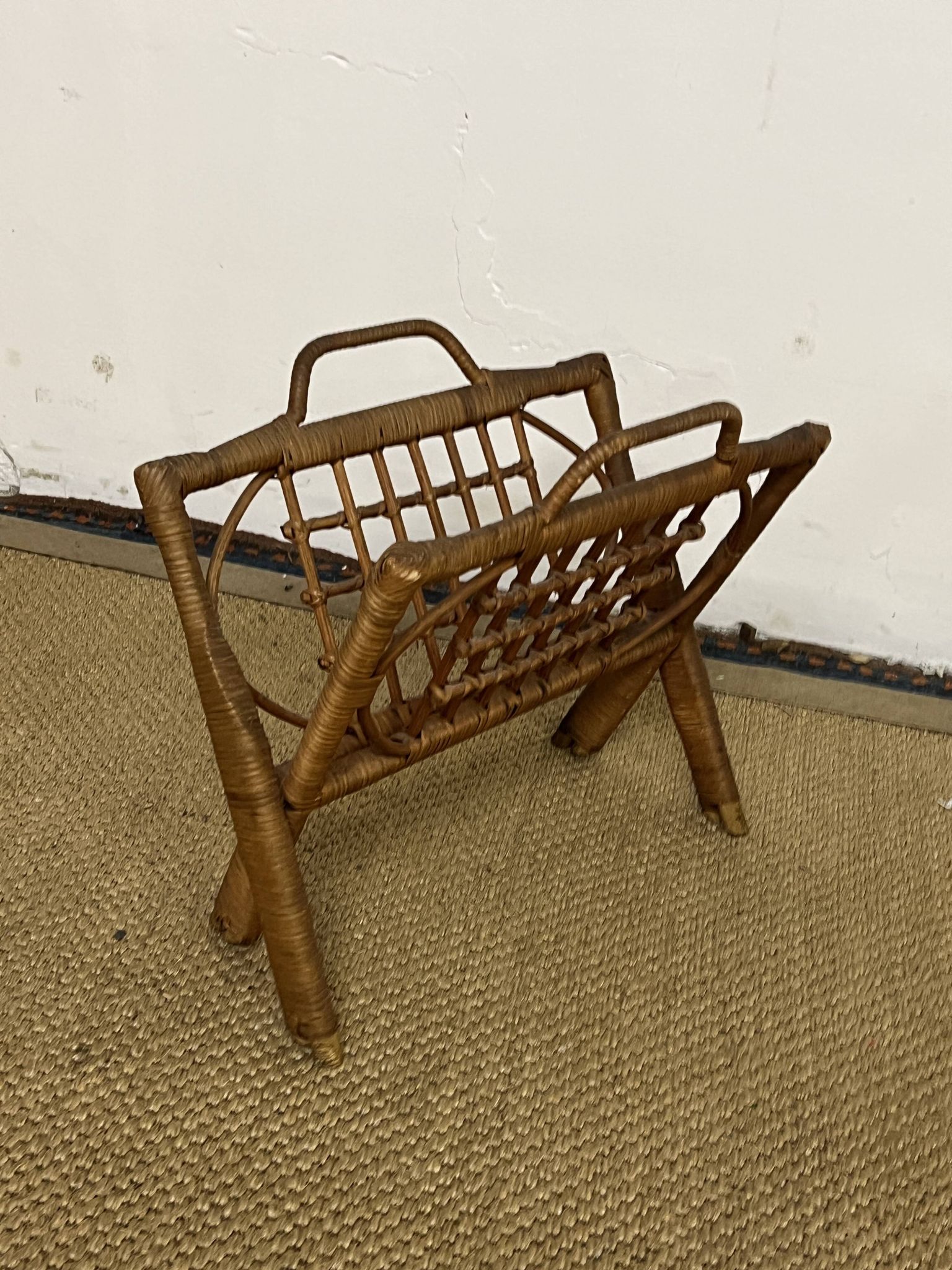 Vintage folding rattan magazine rack