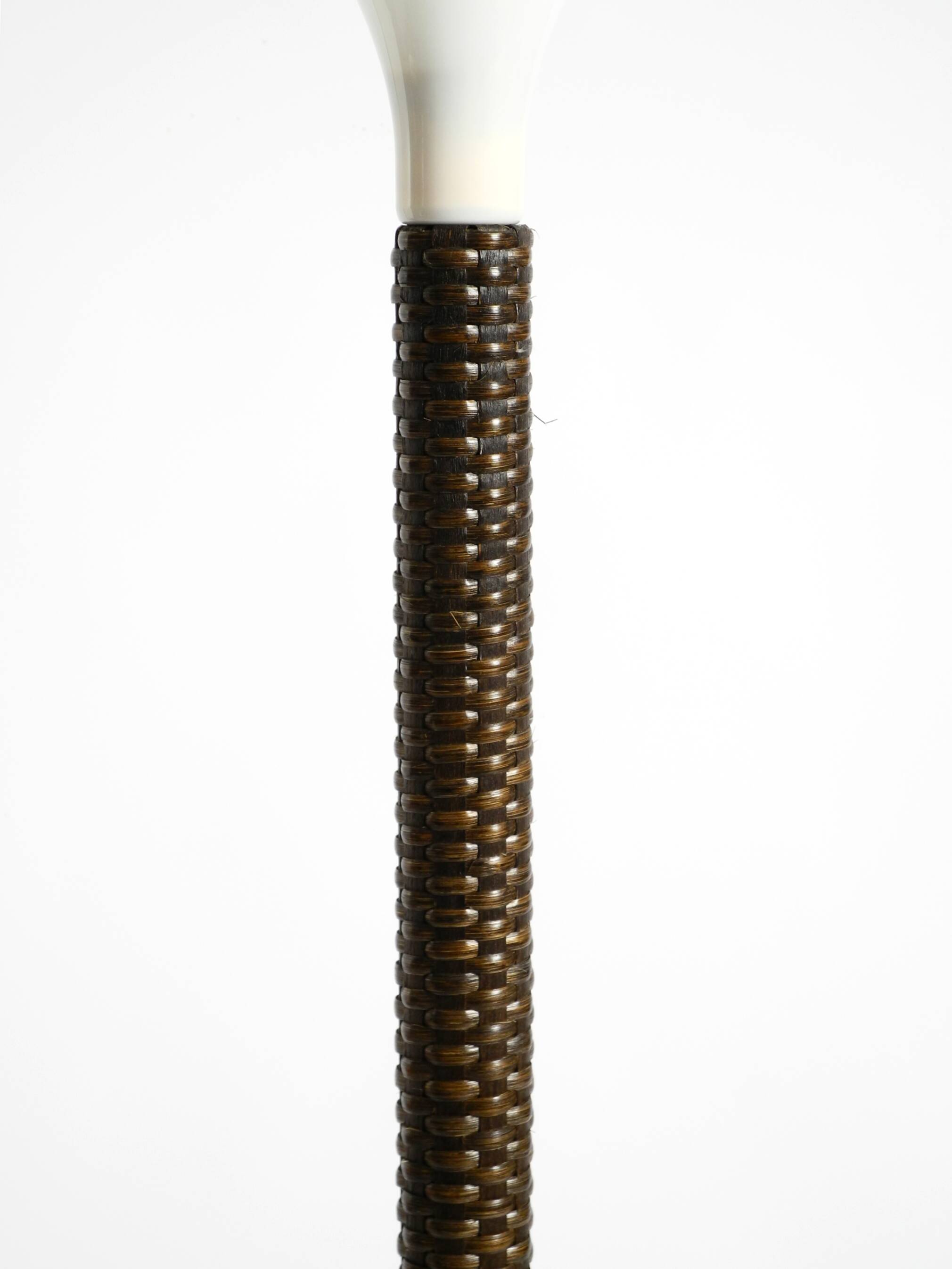 XL 70s Tulip floor lamp with a brown wicker frame and a plexiglass shade
