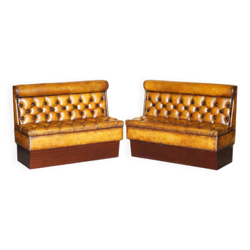 Pair of Victorian Chesterfield pub benches in leather.