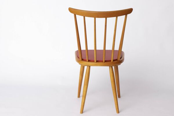Chaise de salle à manger vintage en hêtre avec assise en similicuir rouge d'origine – années 1960/70