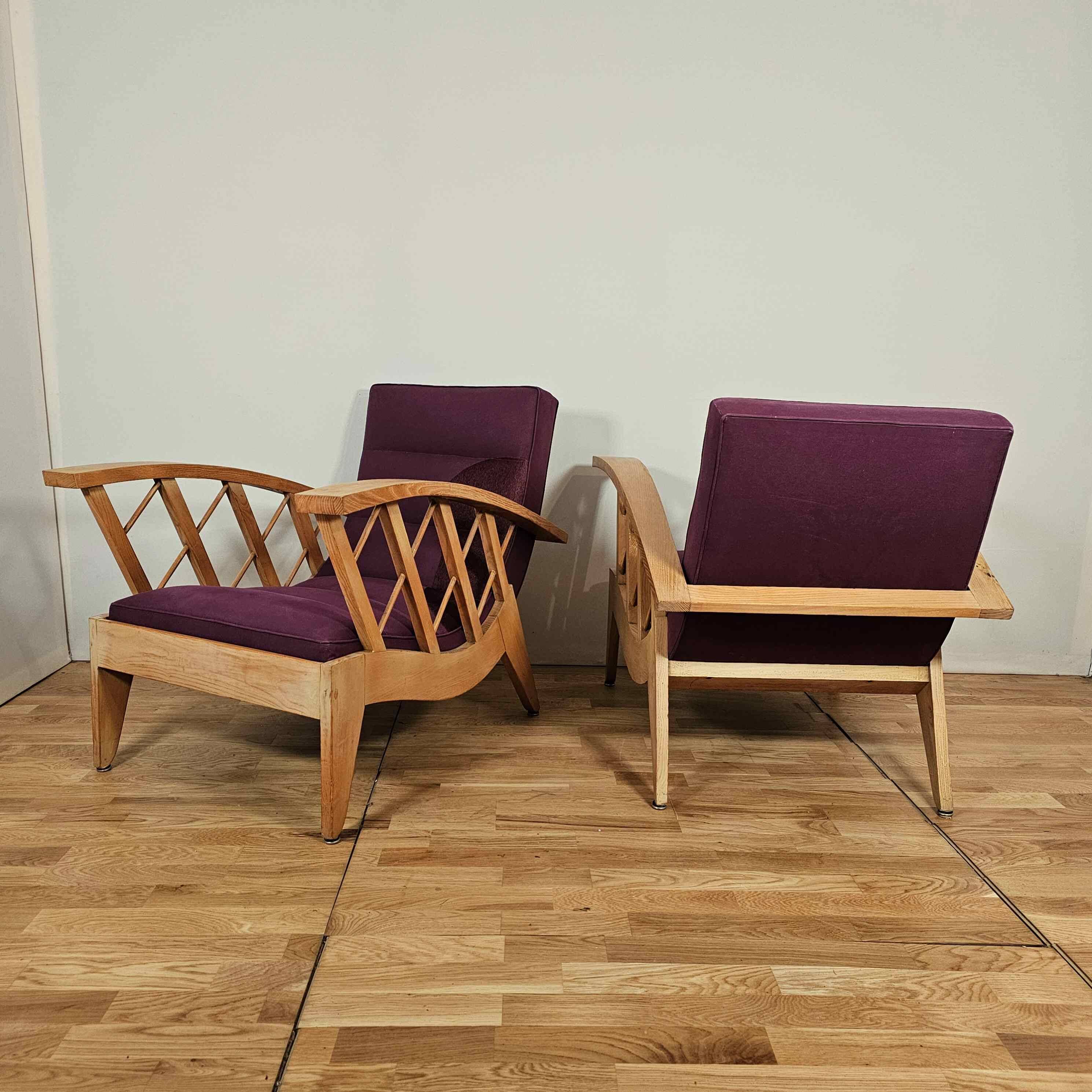 Pair of large armchairs with crossbars, circa 1950, Canovas fabric embroidered by Lesage