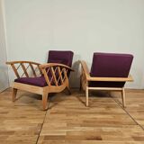Pair of large armchairs with crossbars, circa 1950, Canovas fabric embroidered by Lesage