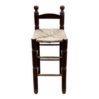 Tabouret de bar vintage - bois massif et assise paillée