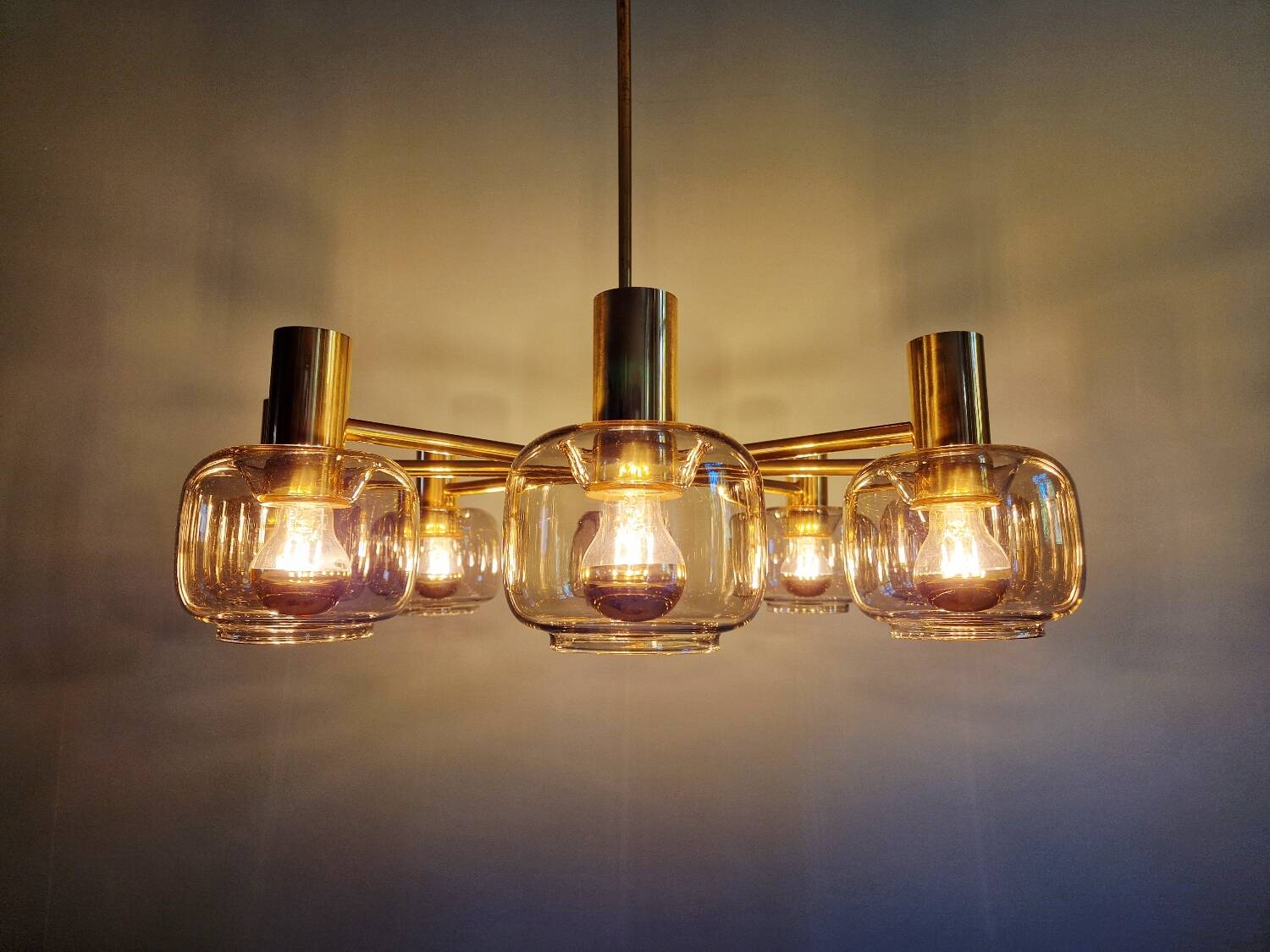 Large designer chandelier in brass and smoked glass globes, 1970s