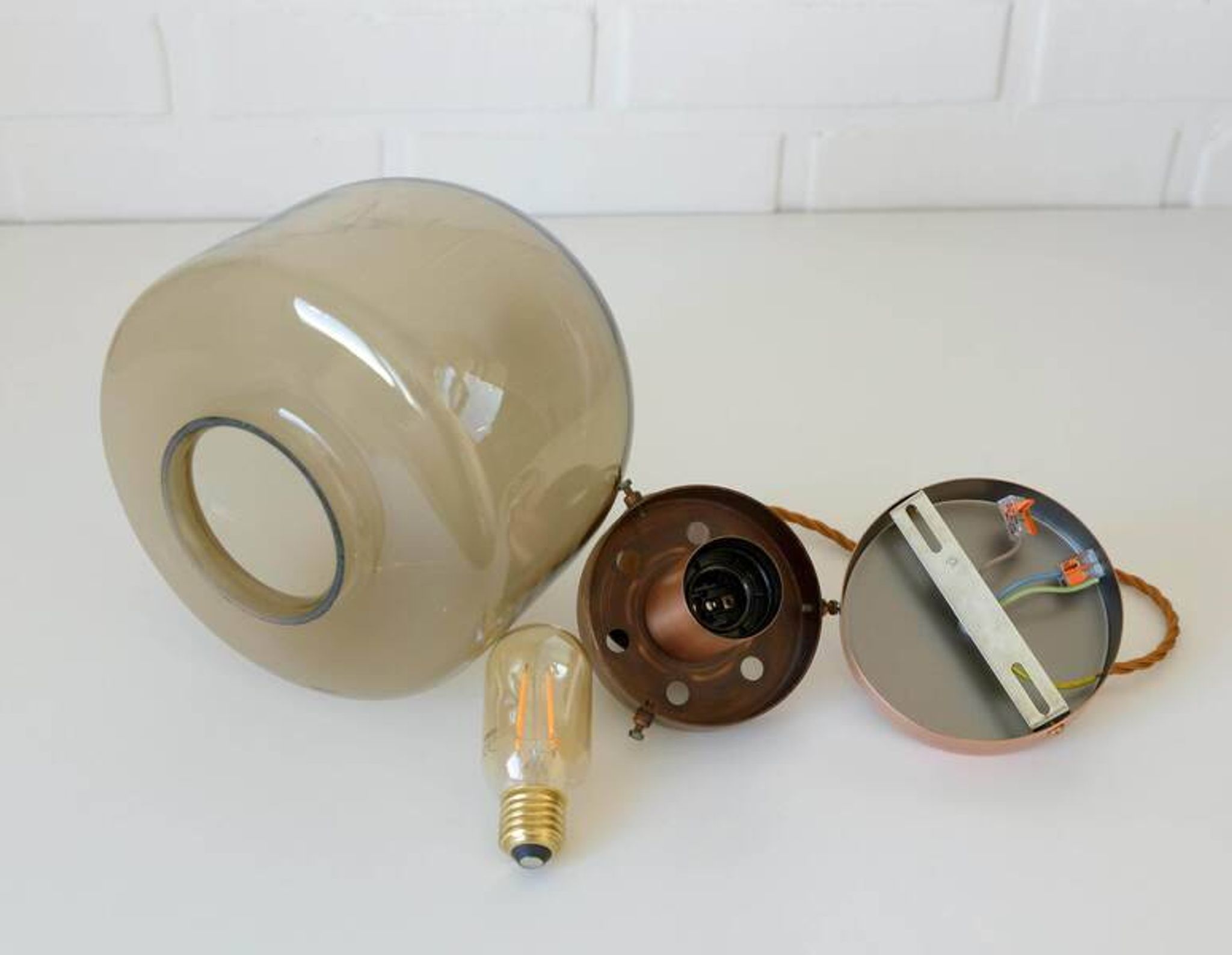 1 blown smoked glass pendant light / copper bar lamp / mid-century modern 1970s