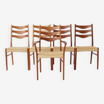 5 Arne Wahl Iversen Mid century teak dining chairs with papercord seats for Glyngøre stolefabrik,