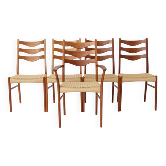 5 Arne Wahl Iversen Mid century teak dining chairs with papercord seats for Glyngøre stolefabrik,