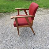 Armchair of the 50s in blond oak and red fabrics compass feet