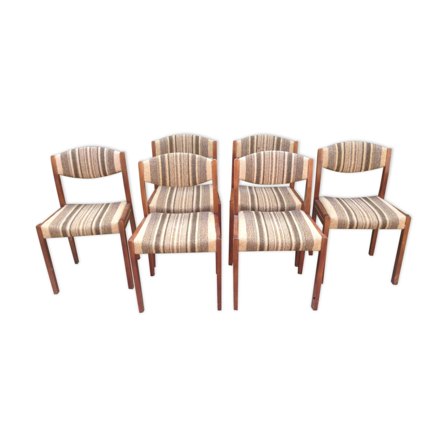 Vintage Scandinavian chairs in fabric and wooden footing.