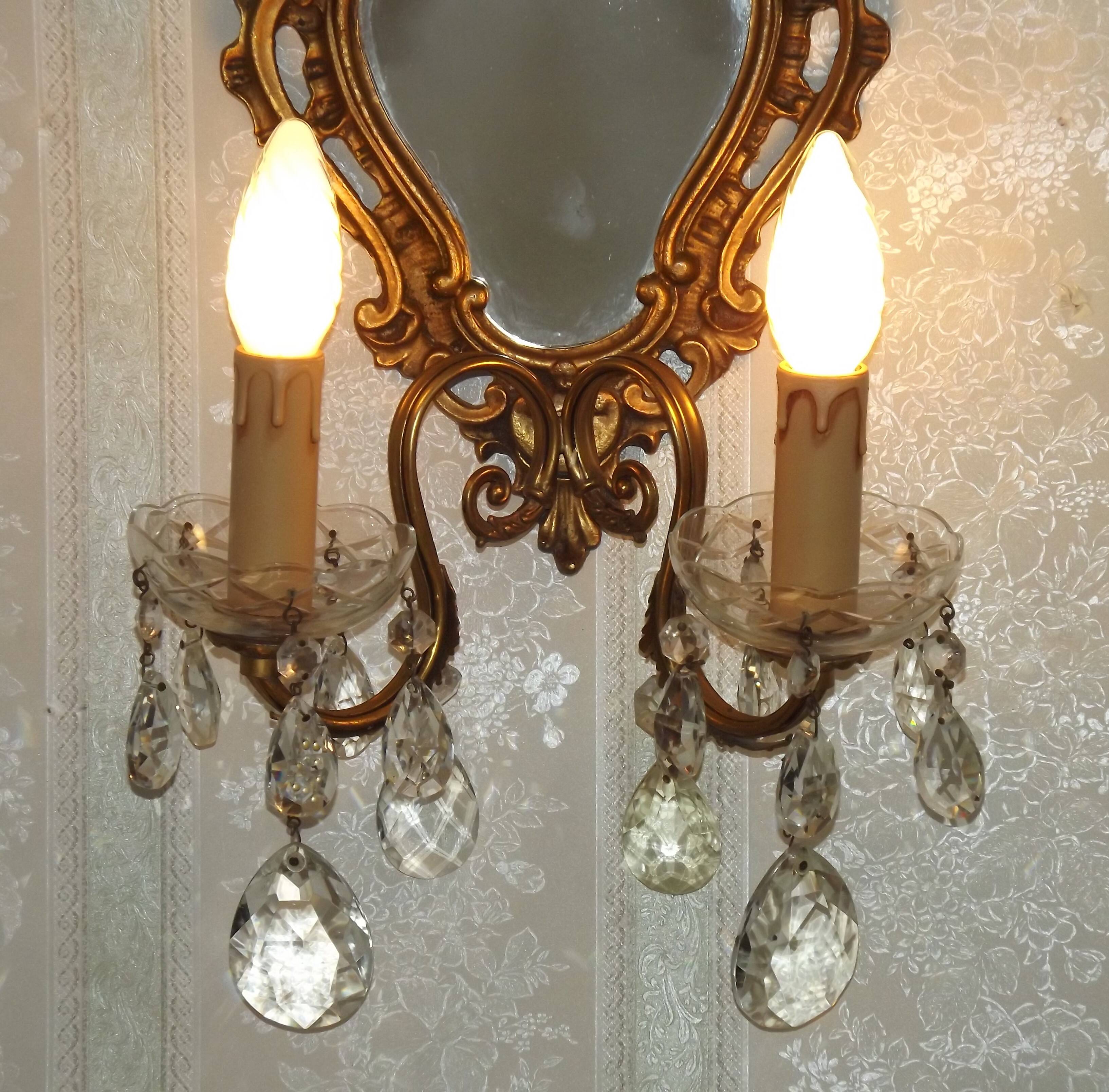 French Antique Gilt Bronze Baroque Double Light Crystal Mirror Wall Sconce 4807