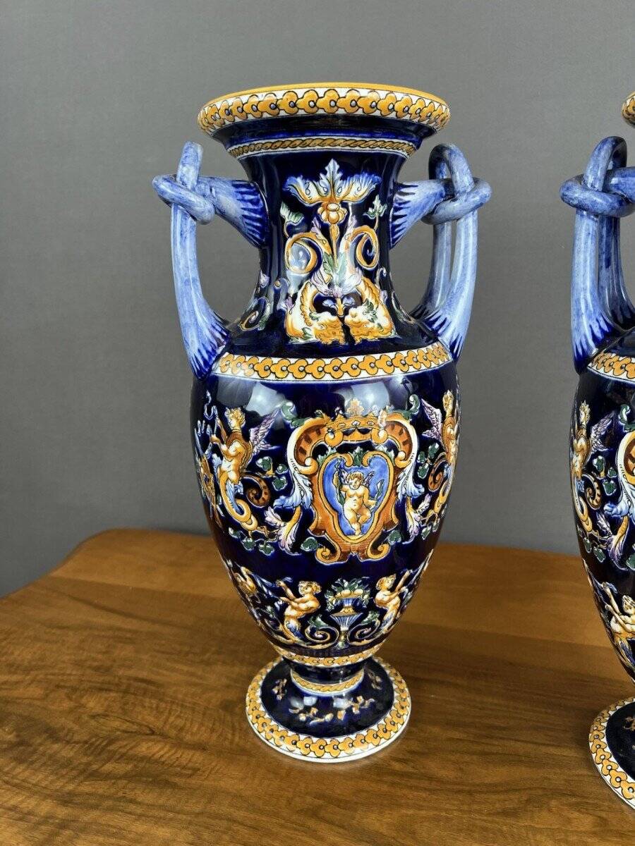 Pair of Gien Ceramic Vases Magnificent Renaissance Decor 20th Century