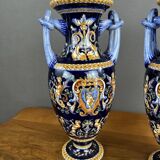 Pair of Gien Ceramic Vases Magnificent Renaissance Decor 20th Century