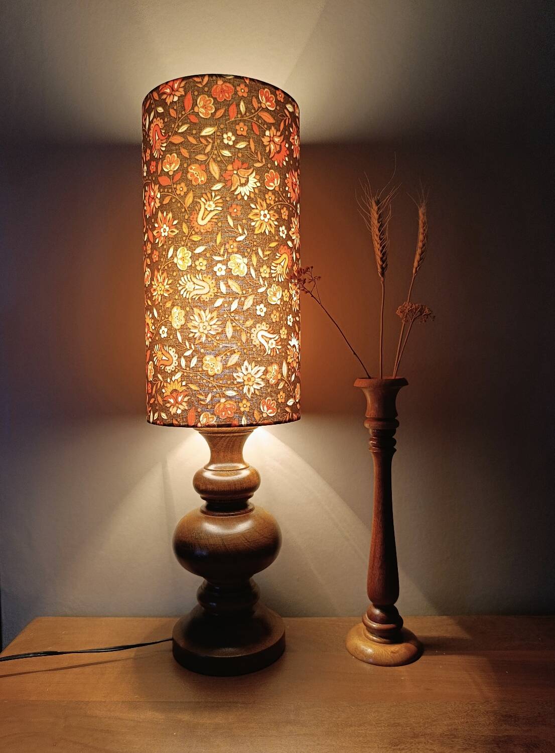 rustic wood lamp, vintage seventies lampshade with floral print