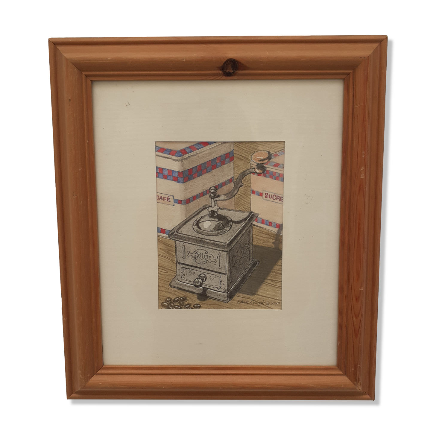 Signed and framed watercolour depicting a coffee grinder, 2010